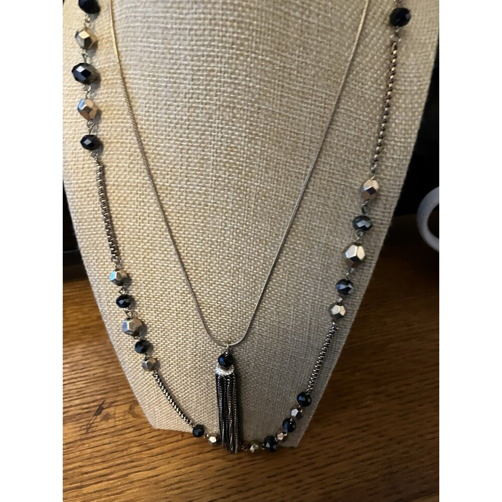 Long Necklace Black & Gold with tassel 2 layers 30" & 38" lengths